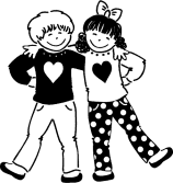 Black-and-white line drawing of two smiling children, boy and girl, standing arm-in-arm with heart motifs on their shirts.