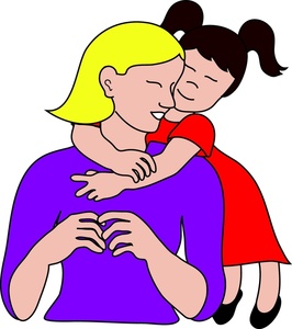 A smiling blonde woman in purple hugs a young girl with pigtails in a red dress; both form a heart shape with their hands.