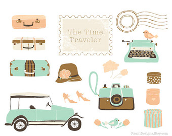 Vintage travel-themed illustration with suitcase, typewriter, car, camera, and accessories labeled "The Time Traveler".