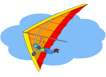 Person hang gliding with colorful orange and red wing against blue sky and cloud