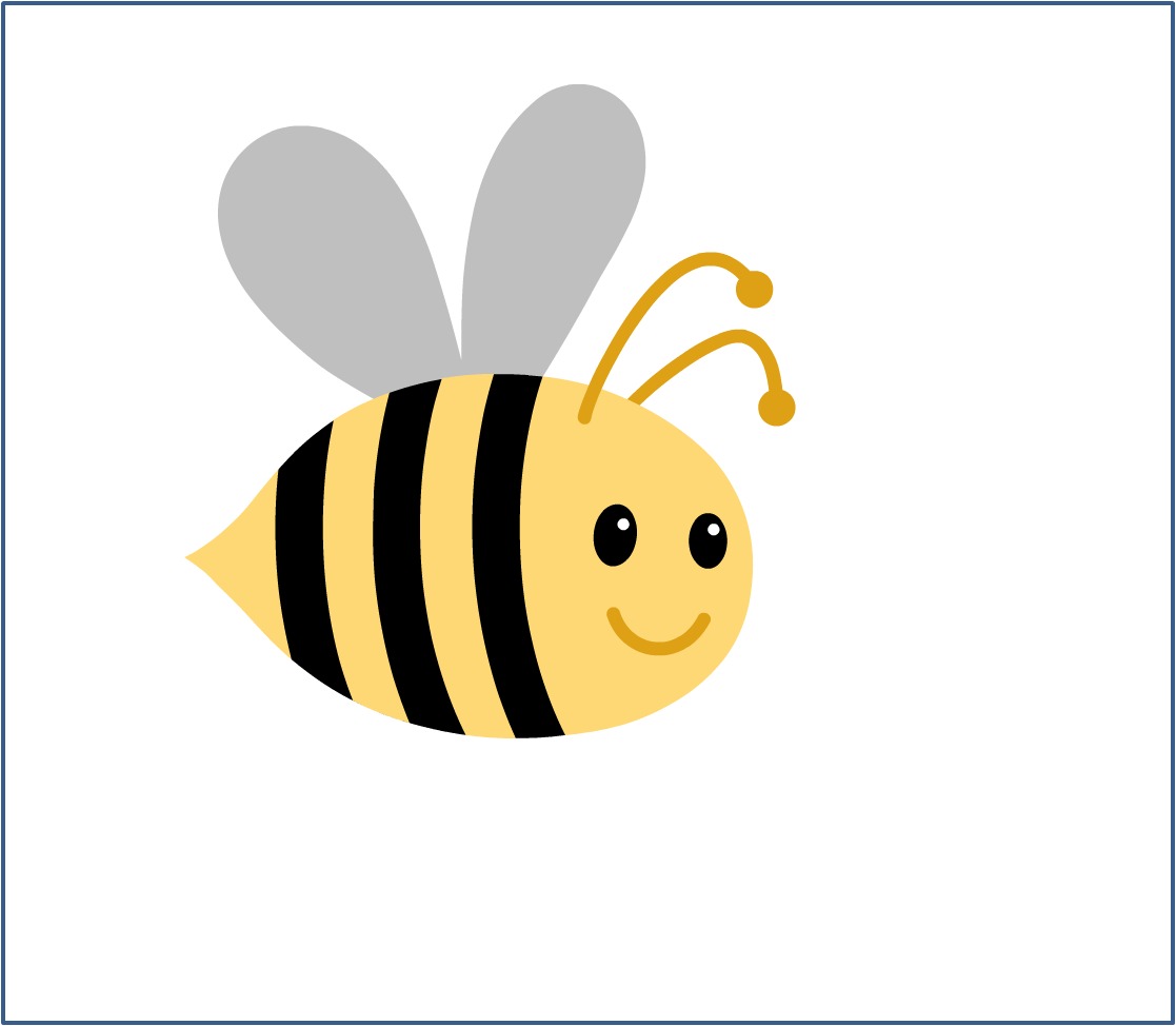 Friendly cartoon bee with yellow and black stripes, smiling face, gray wings, and golden antennae on white background.