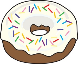 A cartoon-style glazed donut with white icing and colorful rainbow sprinkles.