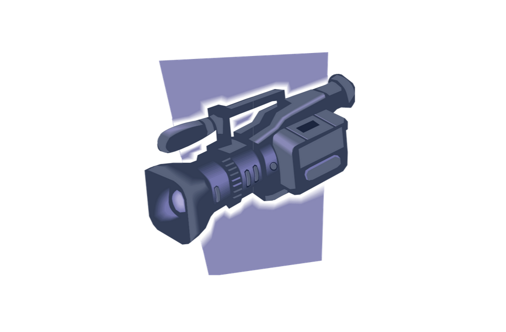Stylized illustration of a professional video camera with lens, viewfinder, and handle against a soft purple backdrop.