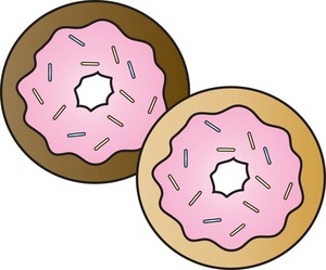 Two cartoon-style donuts with pink frosting and colorful sprinkles on a white background.