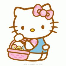 Hello Kitty holding a pink Easter basket filled with colorful eggs and a heart-shaped treat.