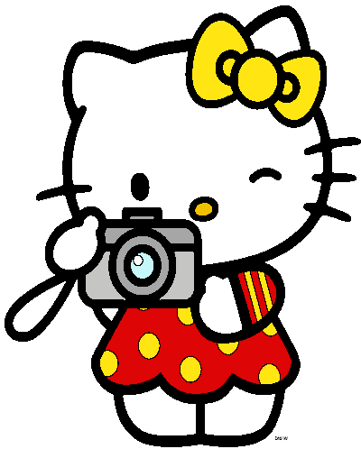 Hello Kitty winking while holding a camera, wearing a red polka-dot dress and yellow bow.