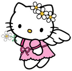 Hello Kitty in a pink dress with flower crown and angel wings, holding a daisy.