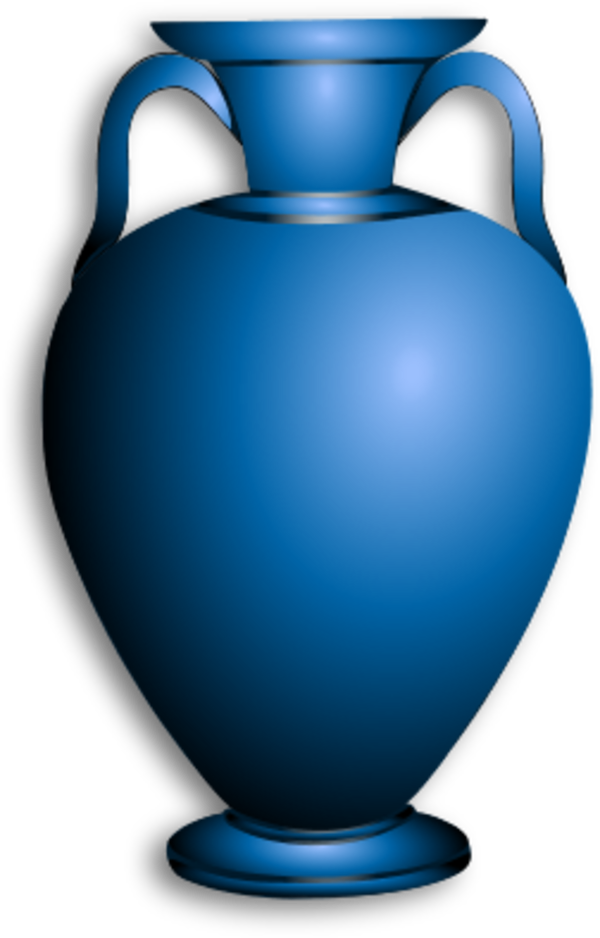 Classic blue amphora vase with two handles and decorative bands, isolated on black background.