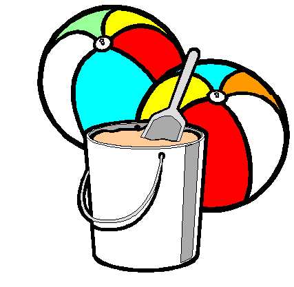 Colorful beach balls and a sand bucket with shovel, evoking summer play and vacation fun.