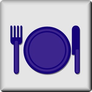 Purple dinner plate with fork and knife on light gray background, symbolizing dining or restaurant service.