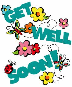 Colorful "Get Well Soon!" greeting with flowers, butterflies, and a ladybug on white background.