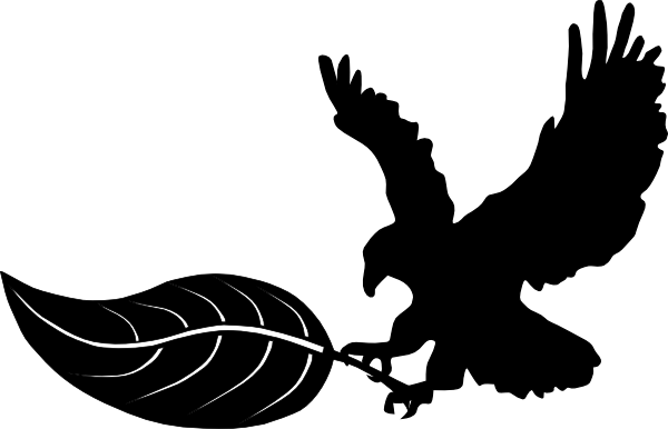 Silhouette of an eagle in flight clutching a detailed leaf in its talons, symbolizing nature and strength.