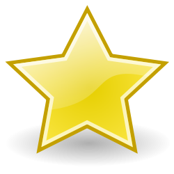 Golden five-pointed star with glossy finish and white outline, isolated on transparent background.