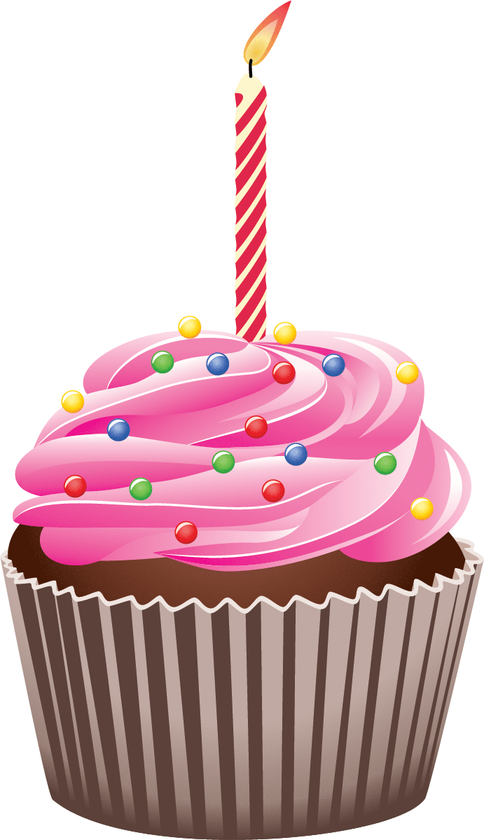 Pink-frosted birthday cupcake with colorful sprinkles and a single striped candle lit on top.