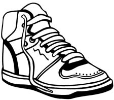 Black-and-white line drawing of a high-top sneaker with laces, side panel, and textured sole.