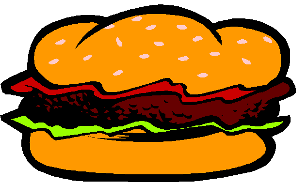 Cartoon-style cheeseburger with sesame seed bun, lettuce, tomato, and beef patty.