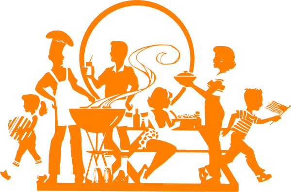 Orange silhouette illustration of a family grilling outdoors, with adults cooking and children playing and eating together.