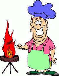 Cheerful cartoon chef grilling over a flaming barbecue with a blue hat and green apron.
