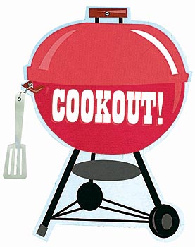 Red kettle-style barbecue grill with bold "COOKOUT!" text and a spatula hanging on the side.