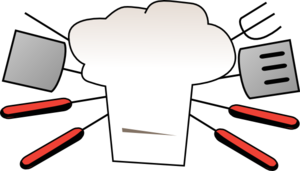 White chef's hat icon with spatula, document, and red motion lines on black background.