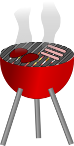 Red kettle-style charcoal grill with steaming burgers and hot dogs on the grate.