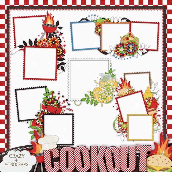 Colorful scrapbook-style cookout photo frames with floral, flame, and food motifs on a red-checkered background.