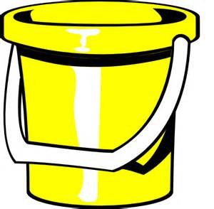 Bright yellow plastic bucket with white handle and black rim, cartoon-style illustration.