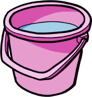 A bright pink plastic bucket filled with blue water, featuring a sturdy handle and cartoon-style illustration.