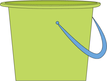 Lime green plastic bucket with a blue curved handle, isolated on black background.