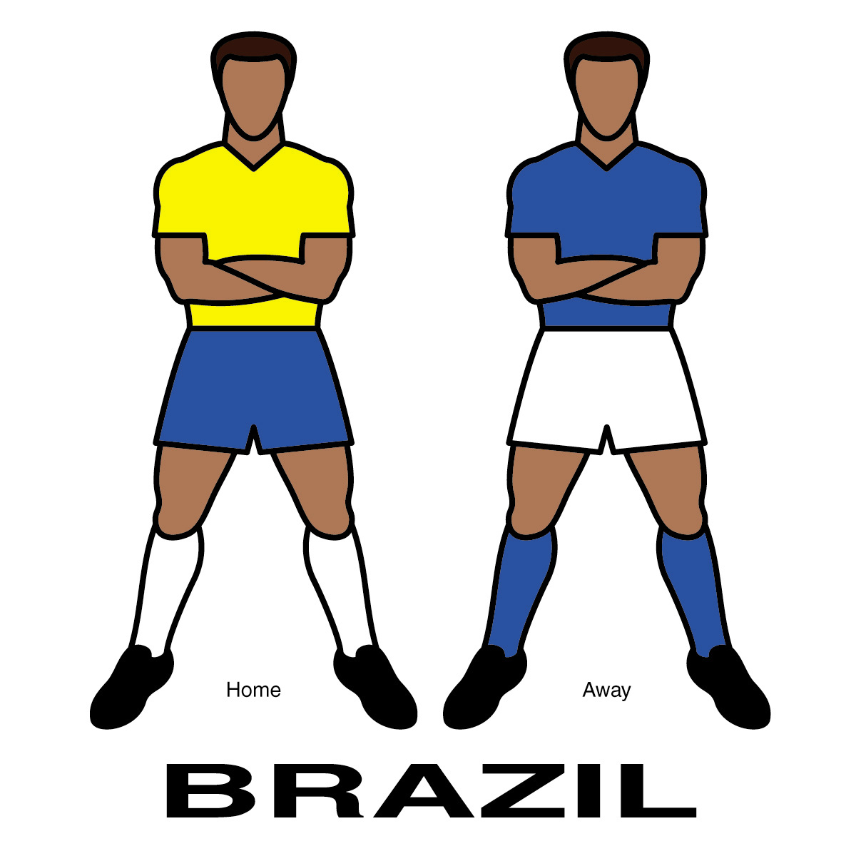 Two illustrated Brazilian soccer players showing home (yellow/blue) and away (blue/white) kits with arms crossed.
