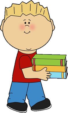 Cartoon boy with spiky blond hair holding a stack of colorful books.