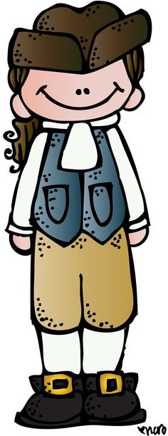 Smiling cartoon Pilgrim boy in traditional 17th-century attire with buckled shoes and tricorn hat.