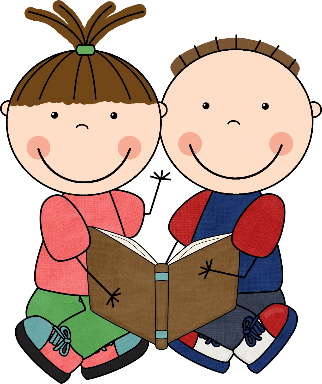Two smiling cartoon children sitting together, sharing a book with joyful expressions.