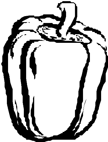 Black-and-white line drawing of a bell pepper with stem and lobes, stylized for illustration.