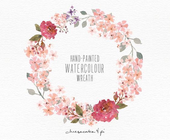 Hand-painted watercolour floral wreath with pink, peach, and purple blossoms on textured white paper.