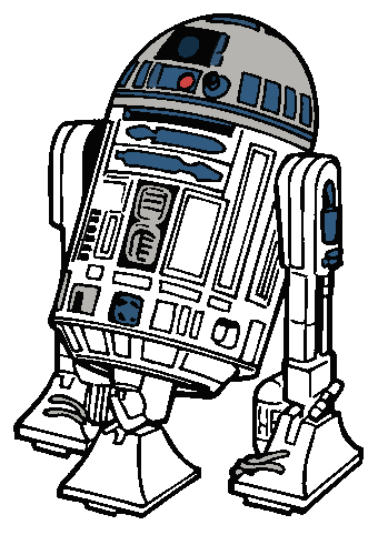 R2-D2, the iconic blue-and-white astromech droid from Star Wars, standing upright with detailed paneling and expressive head sensors.