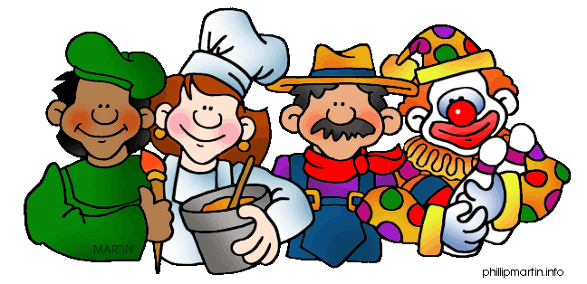 Four cheerful cartoon characters: gardener, chef, farmer, and clown holding tools and food.