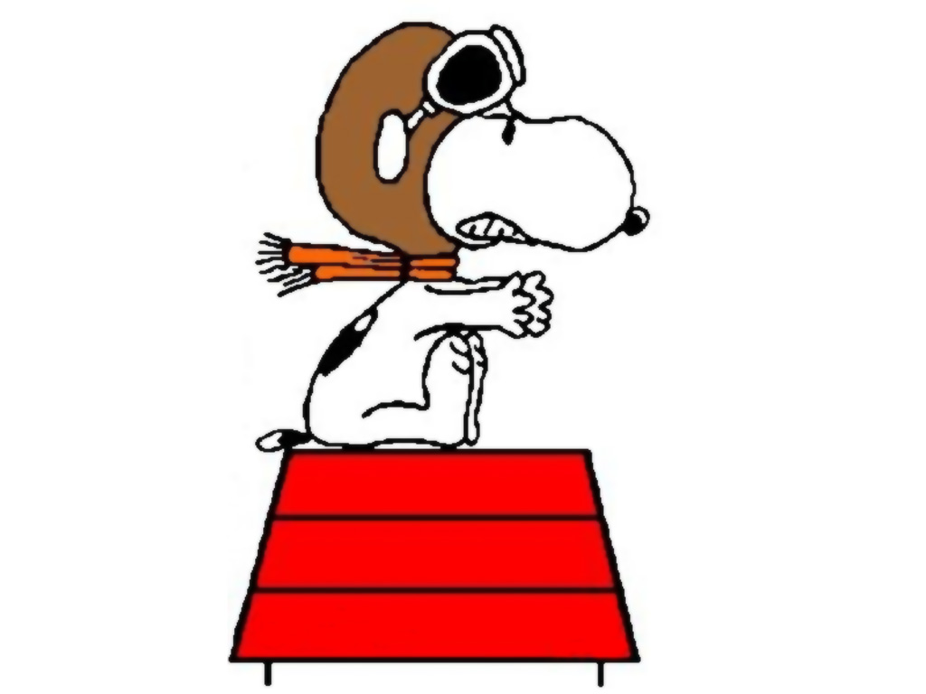 Snoopy wearing aviator goggles and scarf, sitting atop his red doghouse as the Flying Ace.