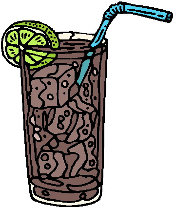 A tall glass of iced cola with lime wedge garnish and blue bendy straw, filled with ice cubes and dark soda.