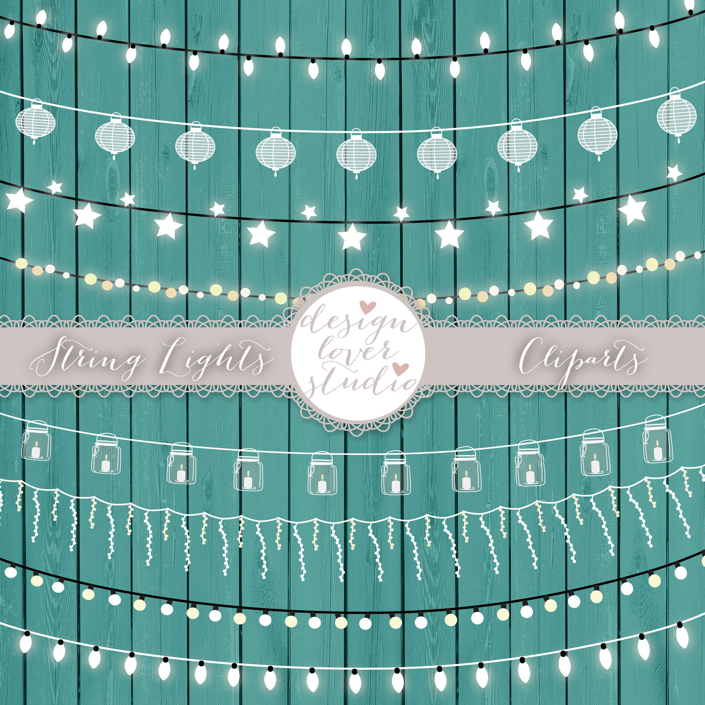 Decorative string lights with paper lanterns, stars, mason jars, and bead garlands against a teal wooden backdrop.