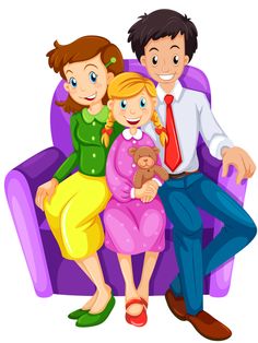 Happy cartoon family of three sitting together on a purple armchair, smiling warmly.