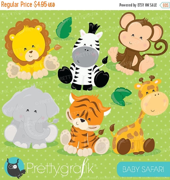 Cute cartoon baby safari animals including lion, zebra, monkey, elephant, tiger, and giraffe on green polka-dot background.