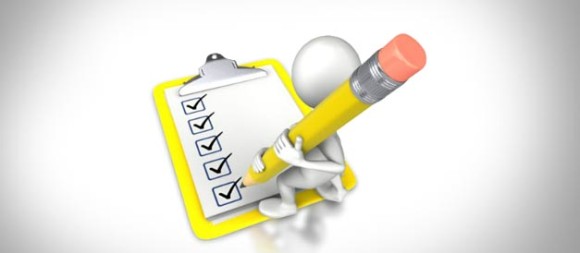 3D white figure holding pencil, checking items on yellow clipboard with checkboxes