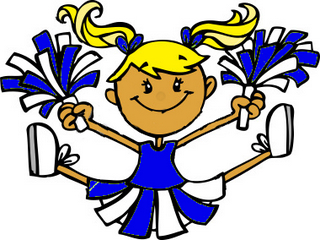 Smiling cartoon cheerleader with blonde pigtails, blue and white uniform, and pom-poms in a dynamic pose.