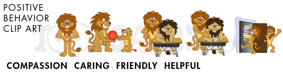 Cartoon lions demonstrating positive behaviors like sharing, kindness, and helping in a classroom setting.