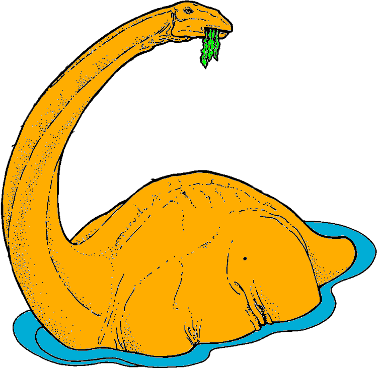 Orange long-necked dinosaur eating green leaves while partially submerged in blue water.