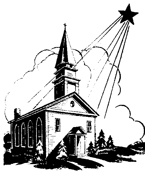 A black-and-white illustration of a traditional church with a steeple, surrounded by trees and clouds, with a radiant star shining above.