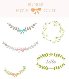 Decorative floral wreaths and bows in pastel colors with "hello" and "bonus! put a bow on it" text.