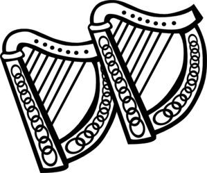 Two stylized white harps interlaced on a black background, symbolizing music, tradition, or Celtic heritage.