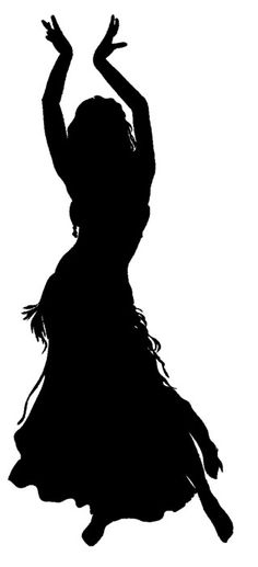 Silhouette of a woman dancing with arms raised, flowing dress, dynamic pose against white background.
